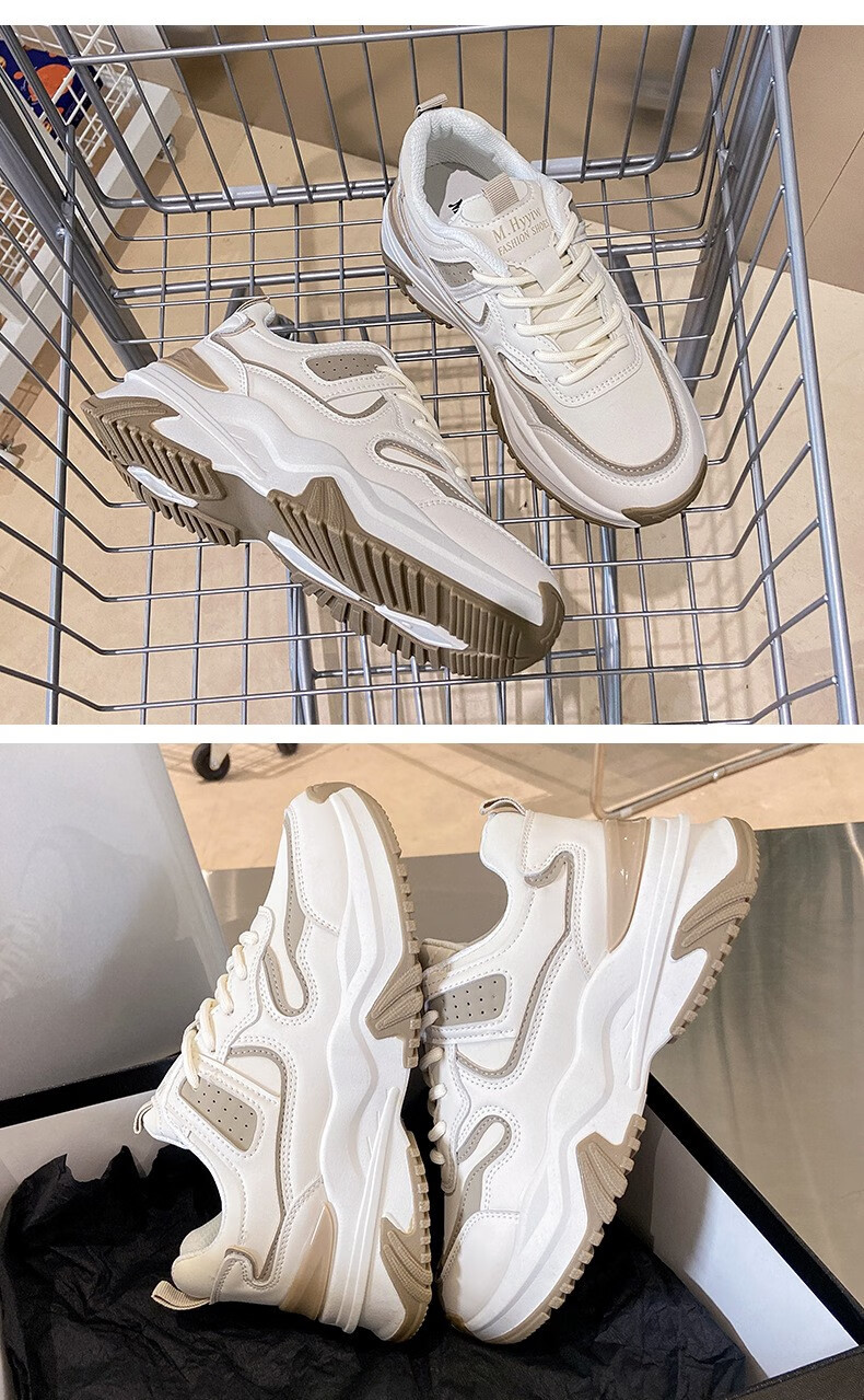 雅鹿老爹鞋女2022秋季新款皮面运动休闲鞋女拼接厚底跑步学生 黑色 35