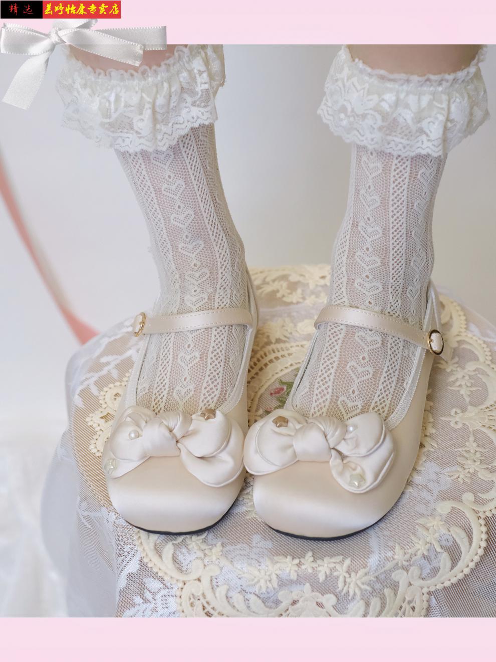 洛丽塔鞋子哆莉豆小胖丁鞋子原创蝴蝶结低跟平底洛丽塔圆头缎面lo鞋