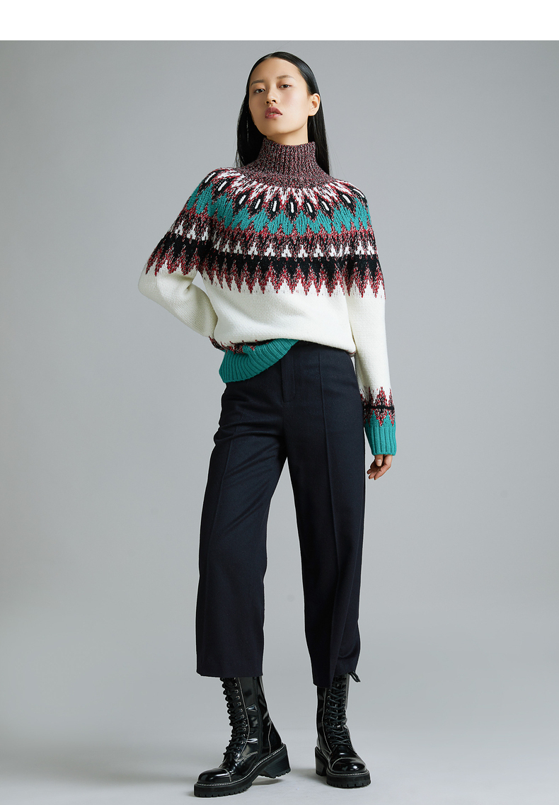 erdos 高领复古花纹加厚款女士毛绒混纺羊绒针织衫 白 155/80a/s