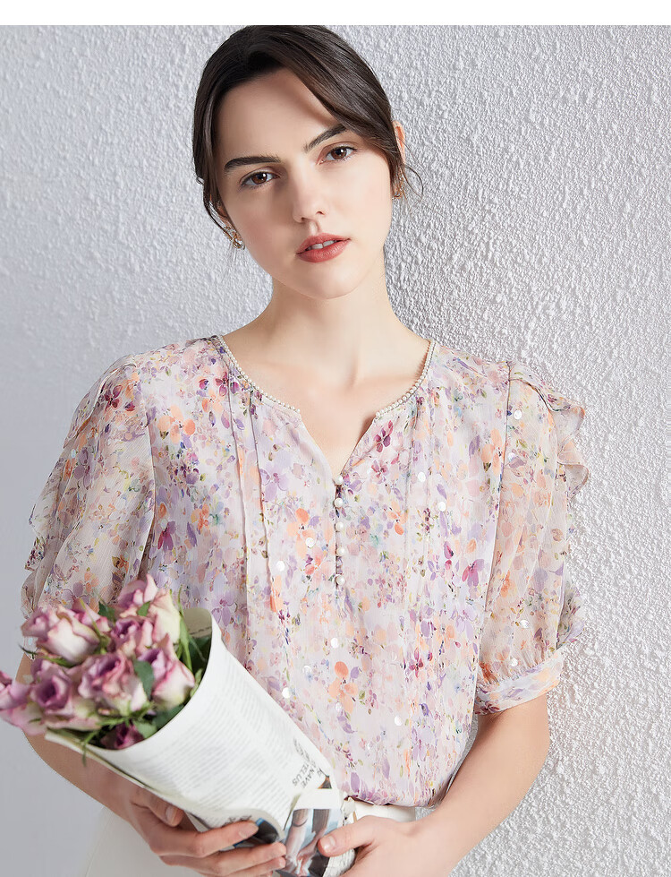 v领碎花雪纺衫女衣香丽影2021年夏季洋气超仙小衫遮肚子上衣 红色花料