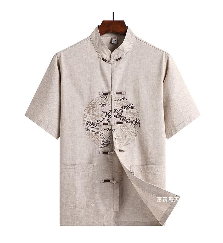 富贵鸟老人亚麻唐装男短袖套装爸爸夏装中老年男装中国风爷爷棉麻居士