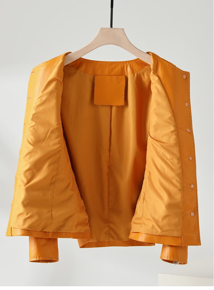 真皮皮衣外套女圆领金扣链条绵羊皮皮夹克 橙色 m【图片 价格 品牌