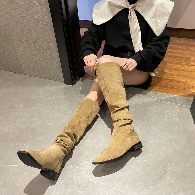 马丁靴女方头粗跟堆堆骑士靴口中筒靴西部牛仔女靴 卡其色 36【图片