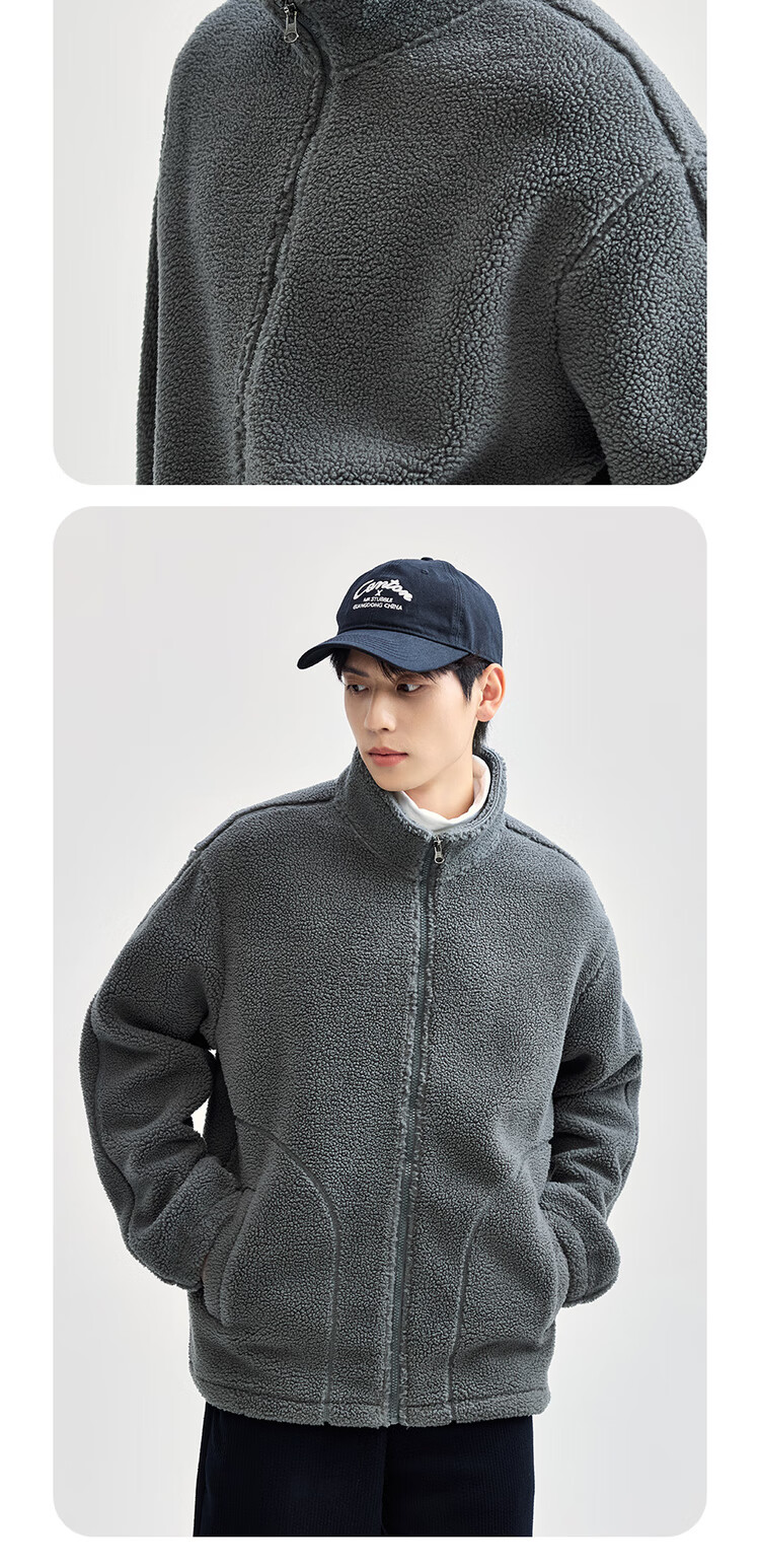 Giordano Fleece Jacket for Men, Faux Sherpa Warm Coat, Quilted Pocket, Stand Collar, Zipper Jacket for Men 01074857 12
