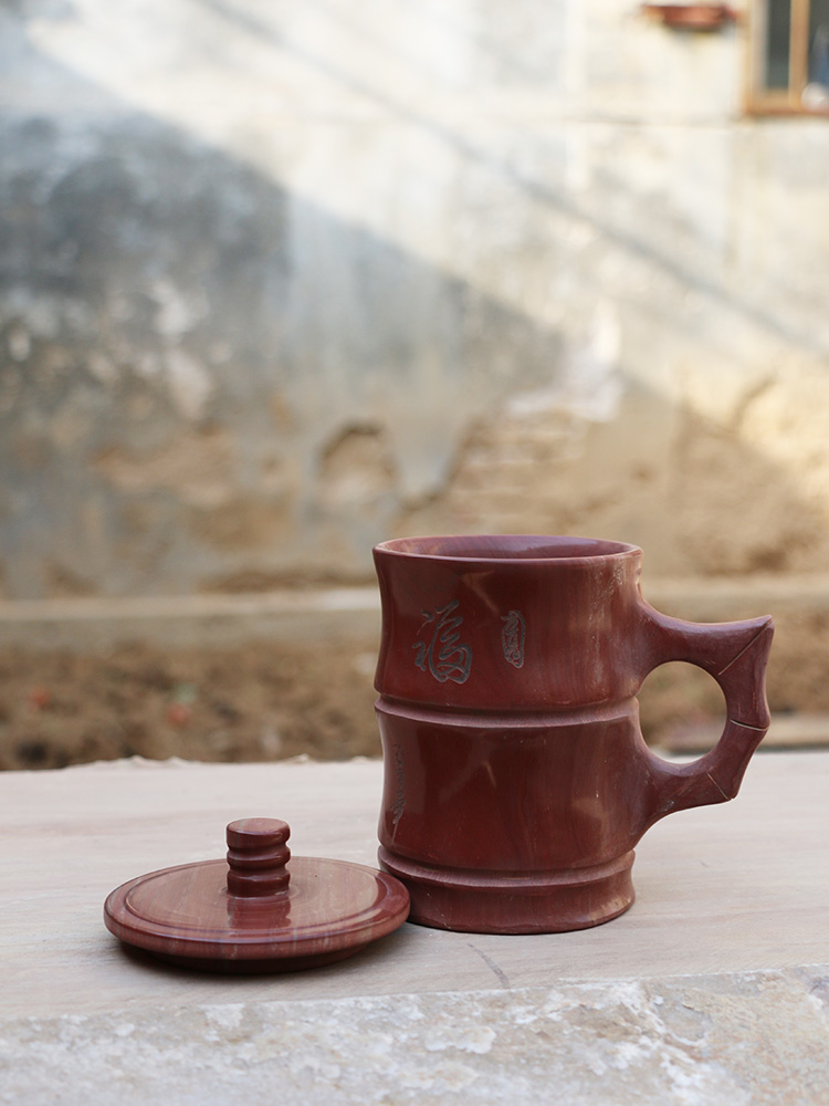 木鱼石水杯御工坊天然木鱼石茶杯原石水杯石头杯子泡茶具麦饭石杯中式