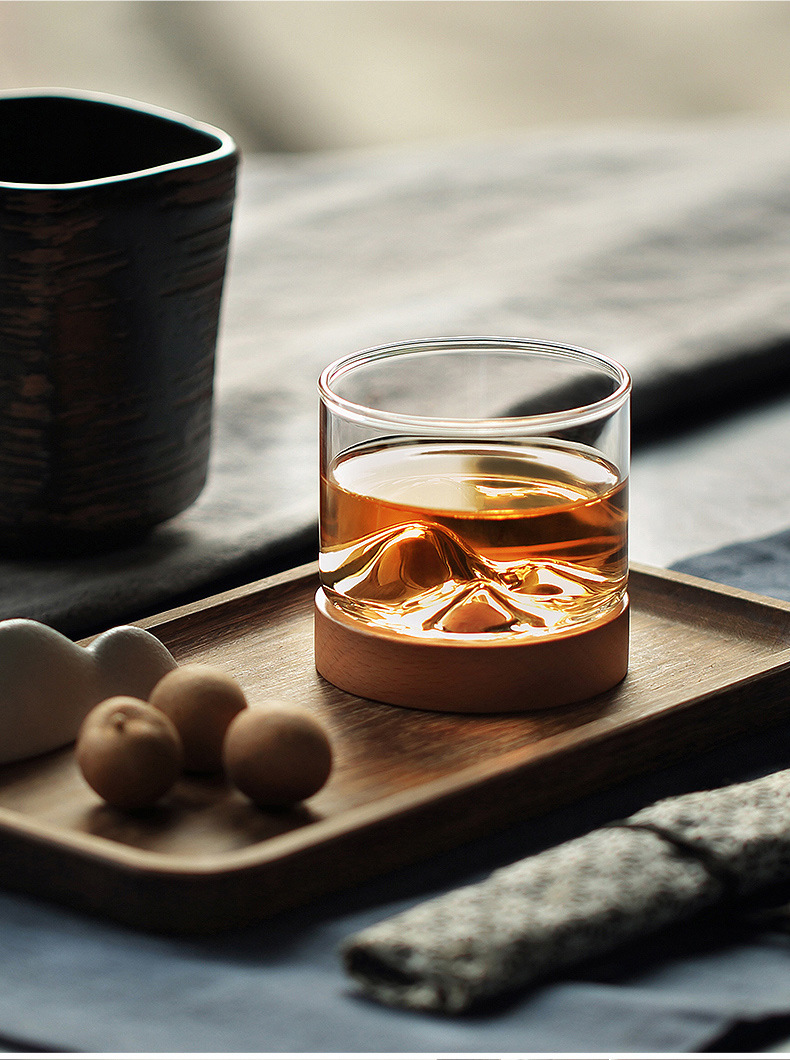 茶具 茶杯 山峦杯 透明玻璃泡茶杯子新中式家用观山杯木底创意日式