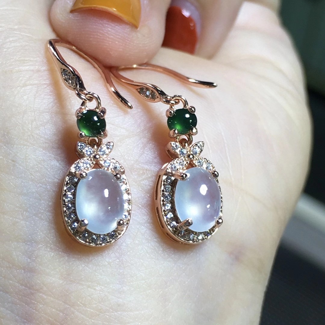 翡翠耳坠女天然冰种长款缅甸a货蛋面玉石耳钩s925银镀18k金显大气