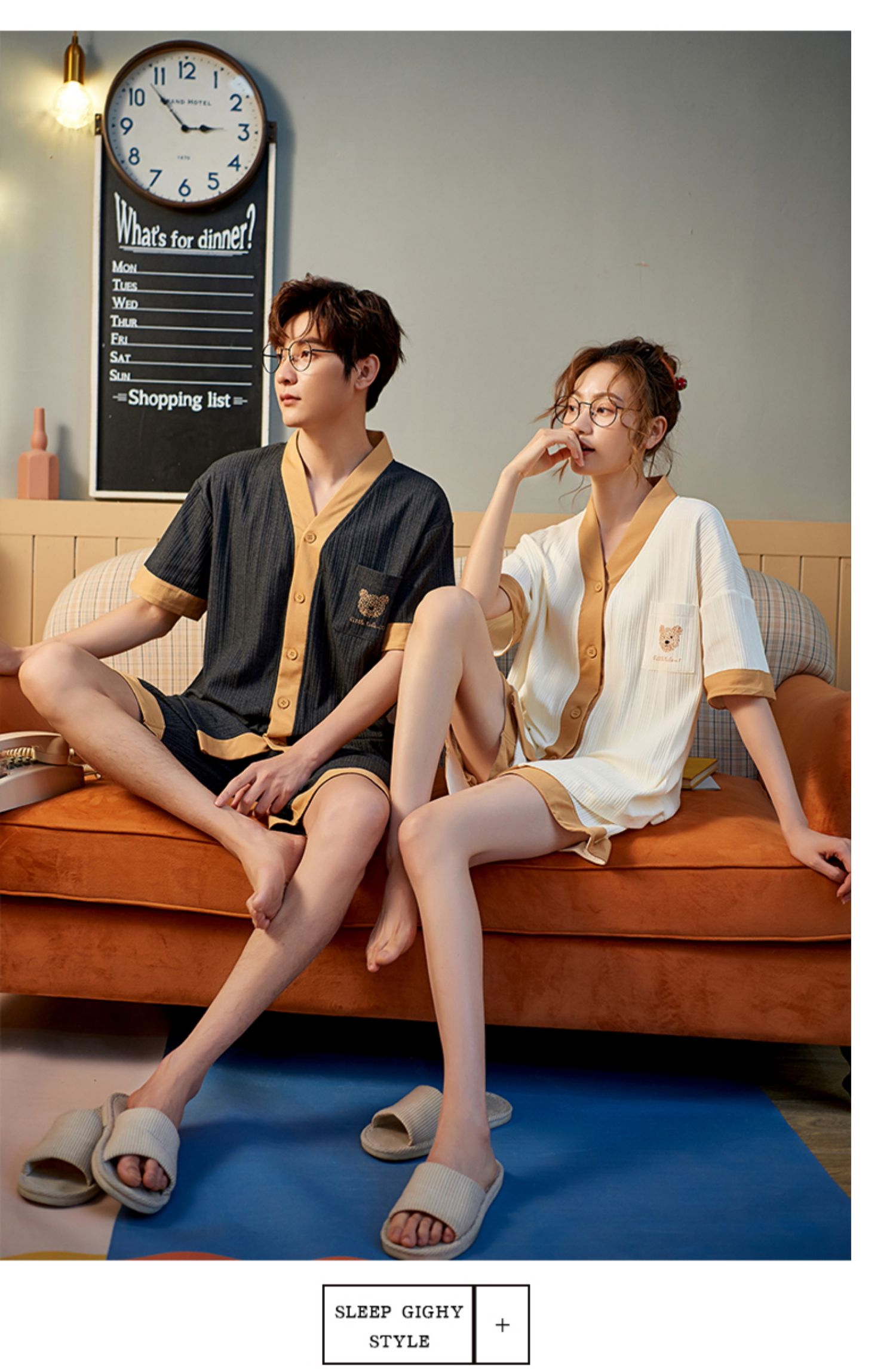 2021年新纯棉短袖情侣睡衣夏季女开衫卡通男女大码家居服套装1543黑底