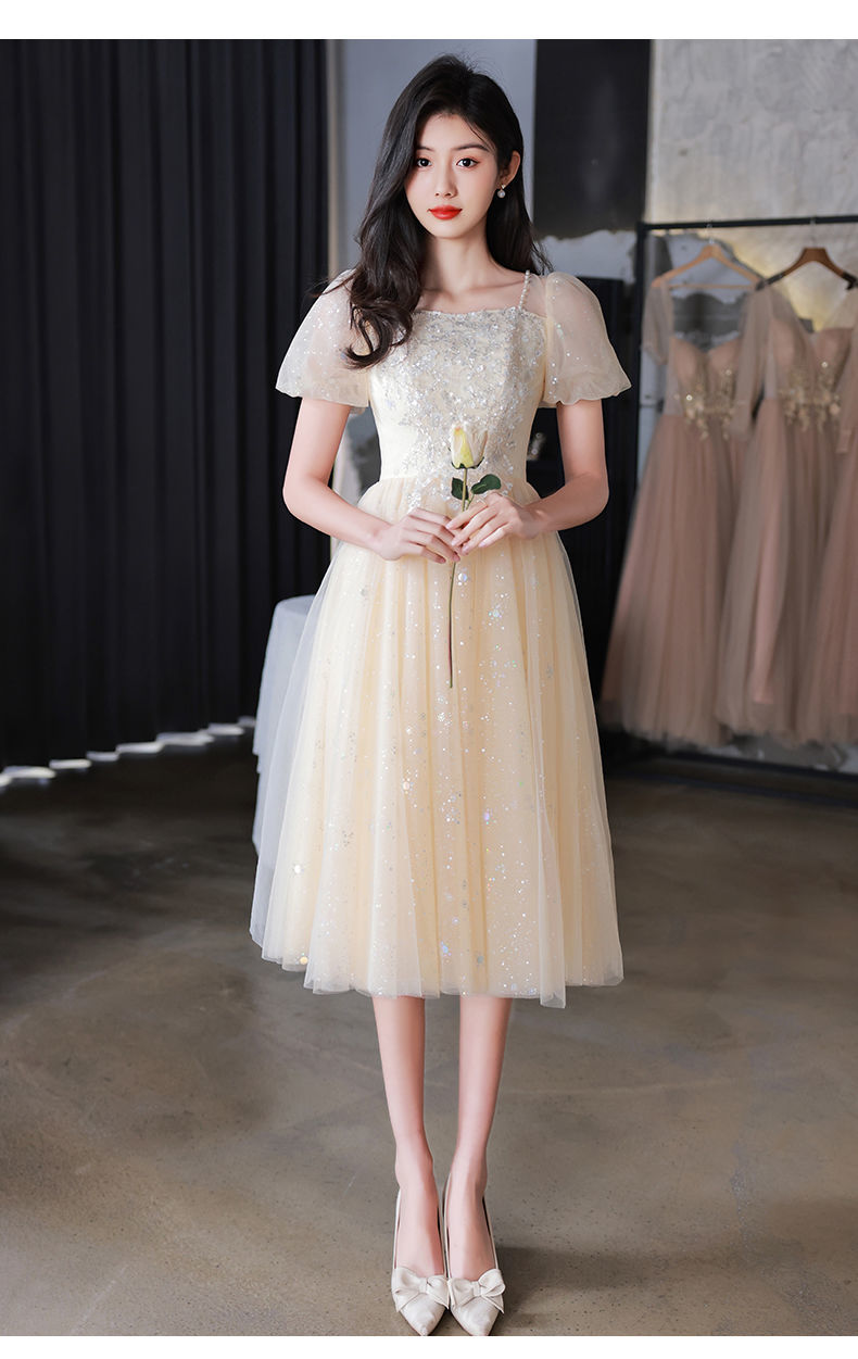 中学生独唱演出服女礼服香槟色高端晚礼服女感宴会气质轻奢学生主持人