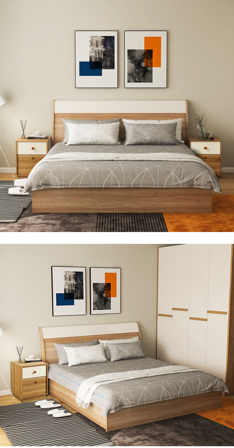 掌上明珠家居mz双人床现代原木风大床卧室18双色拼接床床头柜组合家具