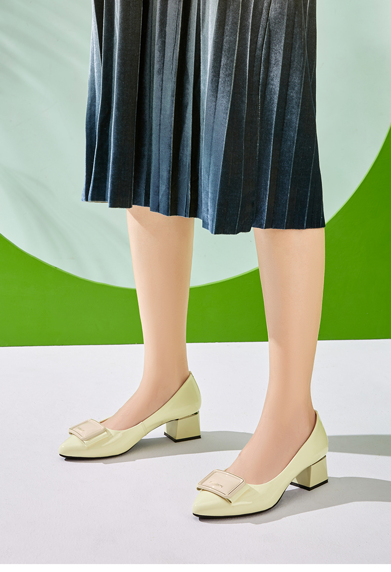 意尔康女鞋 粗跟单鞋女2021夏季新款牛皮透气高跟鞋通勤软底百搭尖头
