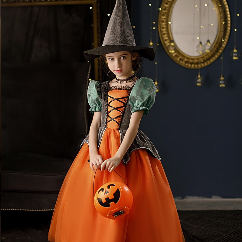 万圣节儿童服装女童cosplay服 儿童女巫装扮衣服南瓜公主裙子巫婆演出