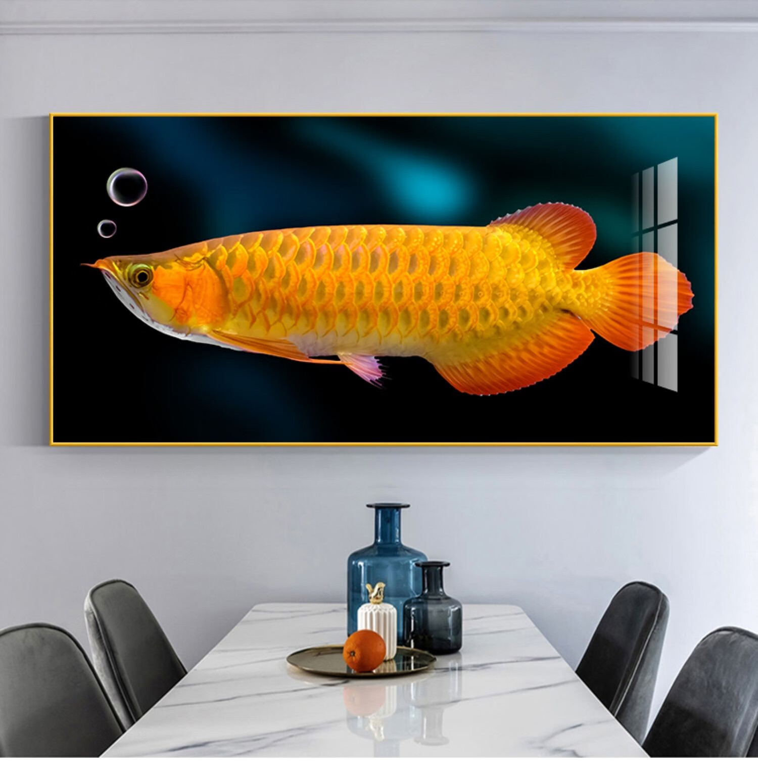 惠菲乐 招财金龙鱼餐厅装饰画现代简约横版壁画饭厅餐桌背景墙饭桌挂