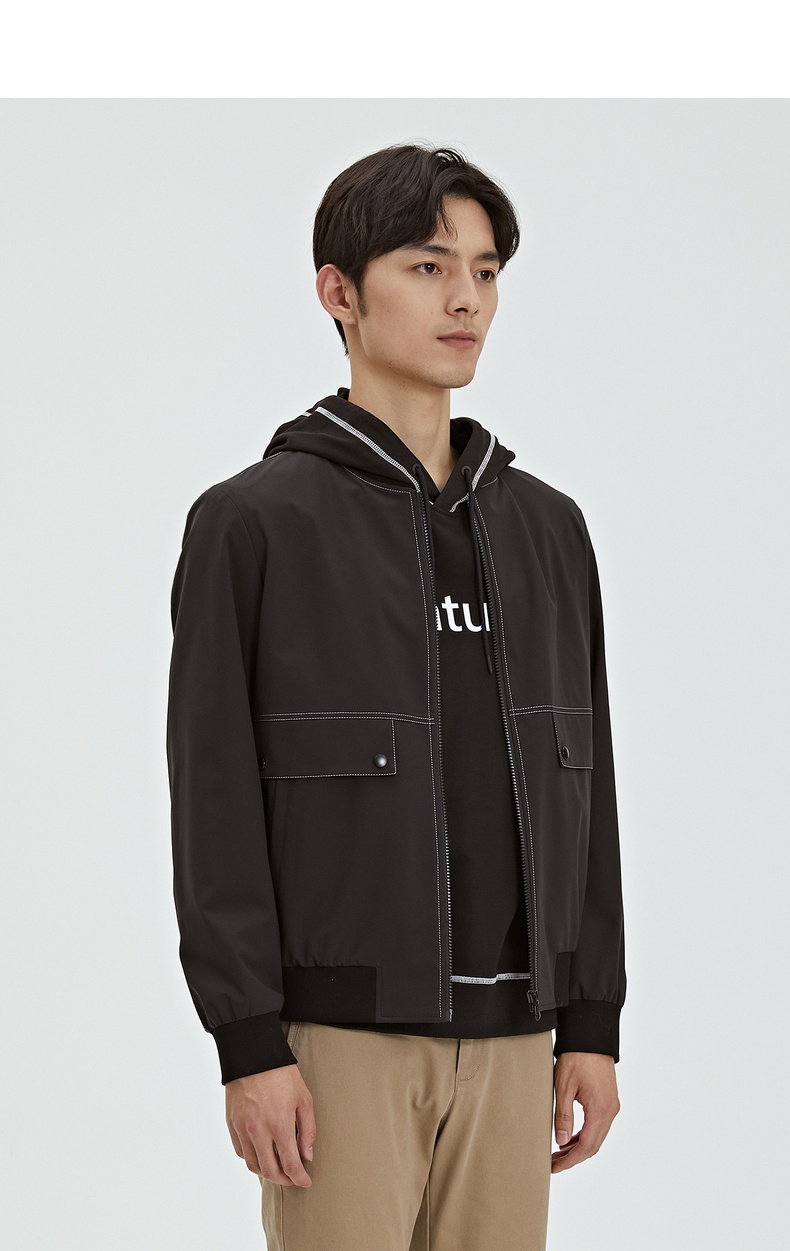 利郎夹克男棒球领明线口袋2021秋季新款青年时尚茄克男外套 黑色(g1