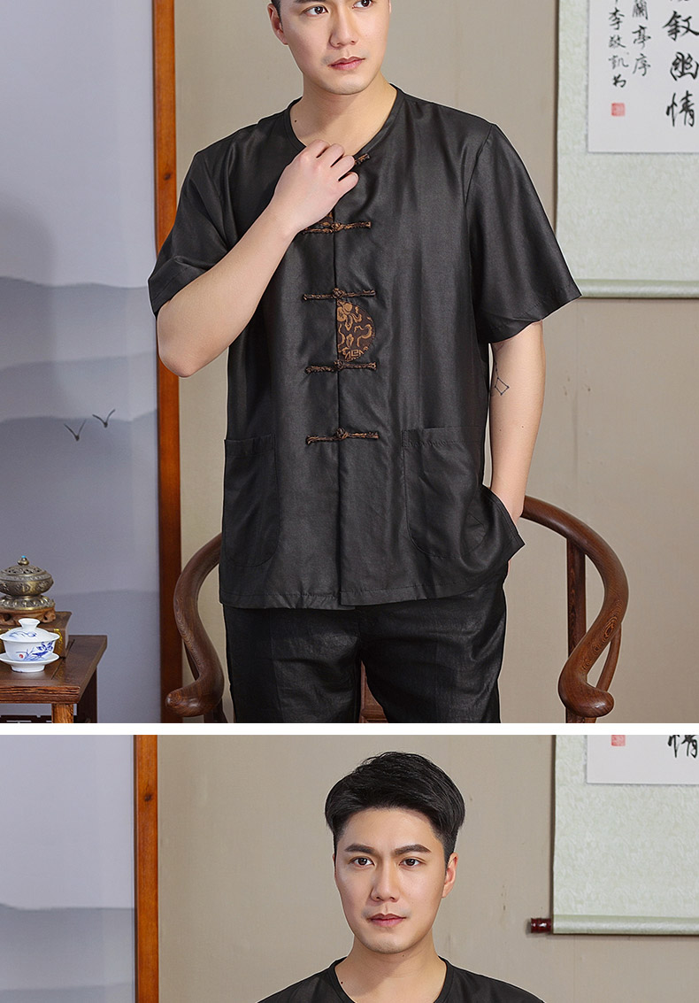 拾福唐装男夏季重磅真丝香云纱男装莨绸短袖衬衫男士中国风丝绸夏装