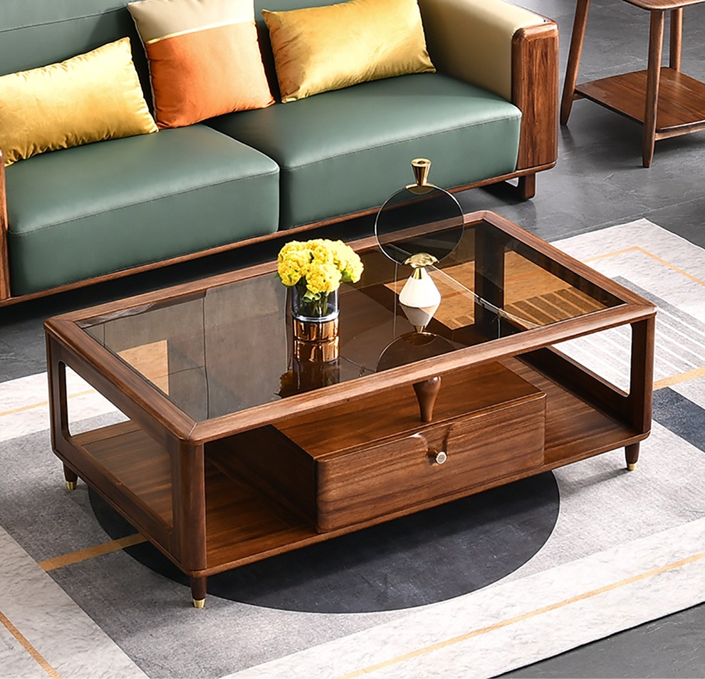 致典茶几实木茶几桌进口黄金胡桃木客厅家具现代简约时尚茶几桌带储物