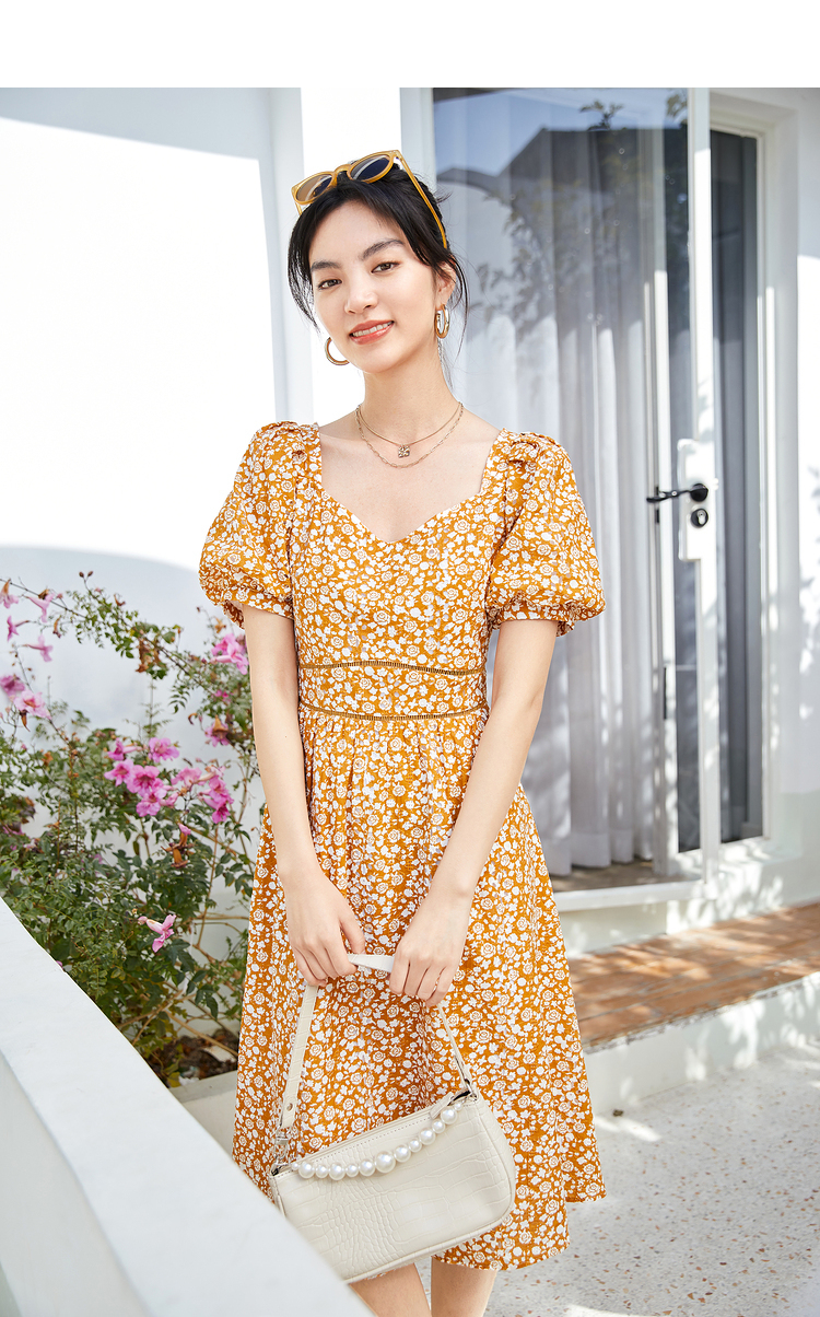 伊芙丽蕾丝棉布绣连衣裙2021年新款夏装裙子碎花复古泡泡袖碎花裙