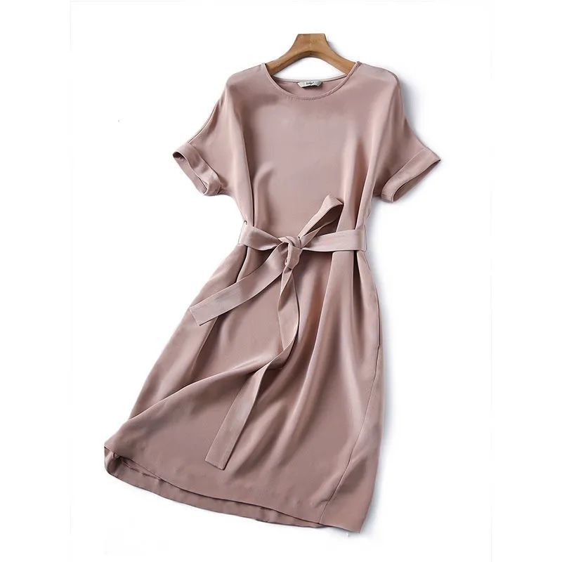 韩衫影 高端2021年新款夏季短袖中长款系带连衣裙纯色时尚圆领裙子潮