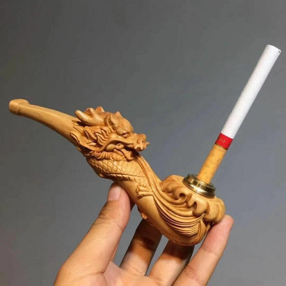 鹰皇 金丝楠木烟斗紫檀实木雕龙烟斗烟嘴过滤器粗烟细烟两用送男士