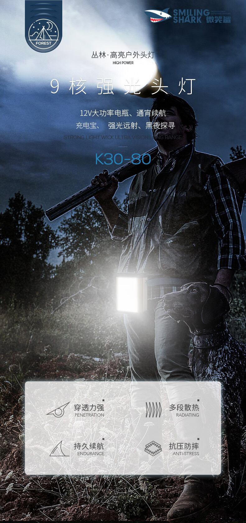 微笑鲨p90猎灯分体式头灯强光超亮远射大功率探照灯大容量电瓶超长
