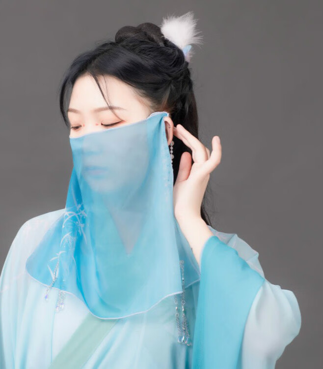 hnxc新品面纱古风挽秀古风印花面纱珠帘面帘脸遮飘逸半透汉服周边遮脸