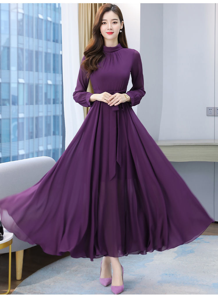 雪纺长袖连衣裙春秋季纯色新款仙气质过膝沙滩大摆长裙女紫色m7593斤