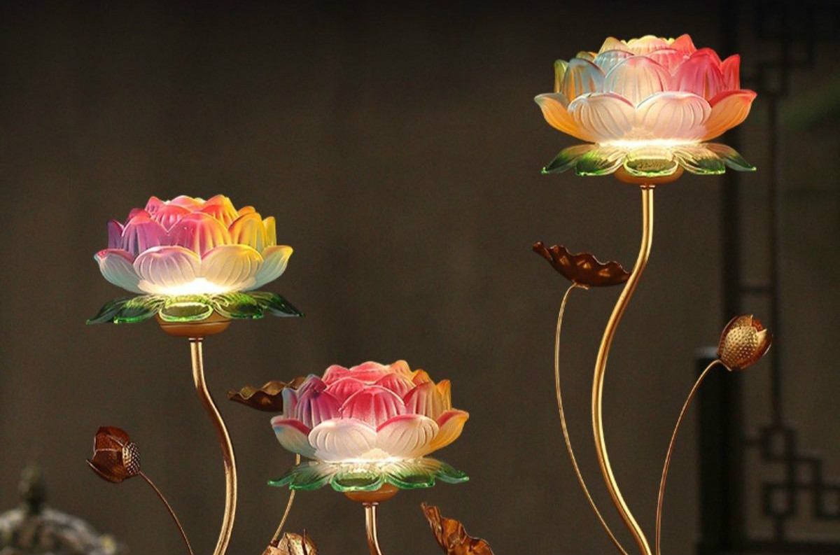 观音莲花灯佛供灯一对琉璃供佛灯七彩家用佛前供灯 长明灯禄协 12寸