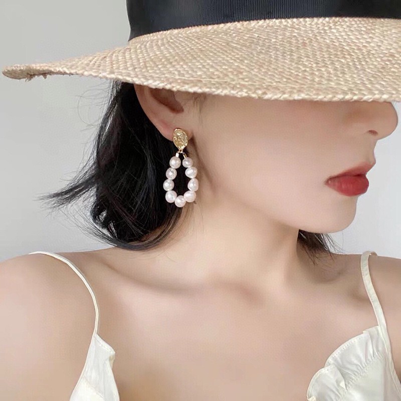 复古ins头像金币耳钉 925银针法式轻奢14k注金淡水巴洛克珍珠耳钉