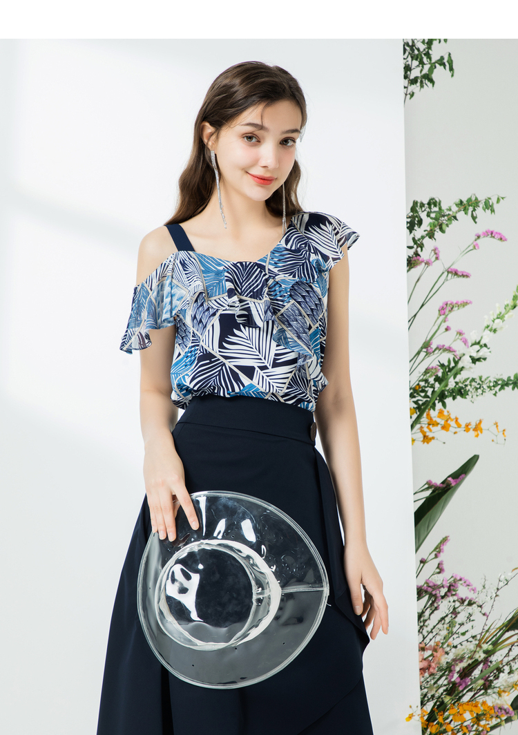 露肩雪纺衫女佳人苑2021年夏季新款时尚印花荷叶袖短款气质上衣 椰树