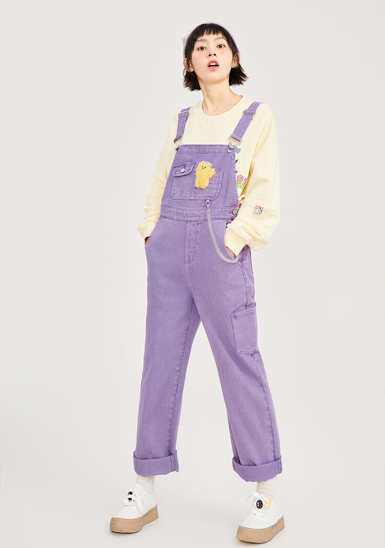 联名】乐町背带裤女2021年新款早秋玩偶设计感背带牛仔裤 紫色现货 s