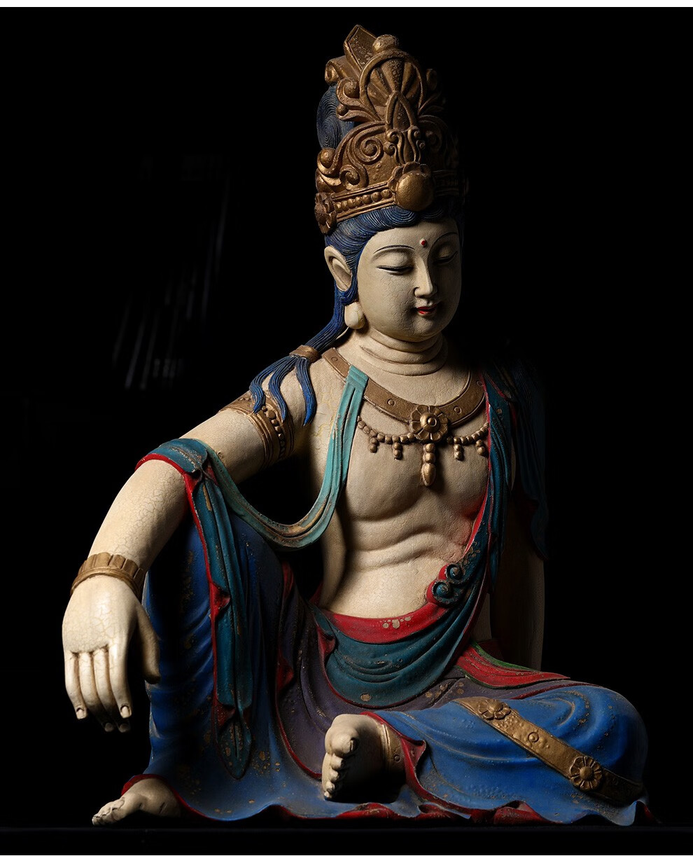 晴翠园香樟木唐代观音彩绘佛像摆件家居供奉观世音菩萨实木雕刻摆件