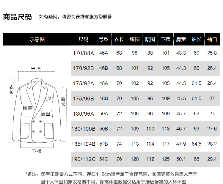 175西装尺码对照表图片