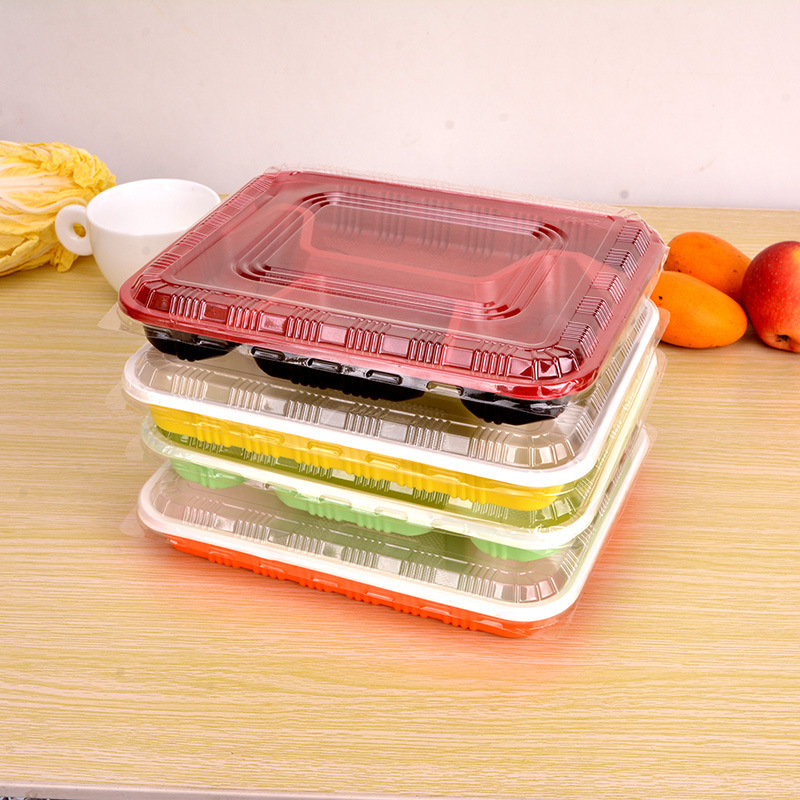 菲享 一次性饭盒快餐盒4格加厚正方形一次性打包盒塑料外卖餐盒 黑红