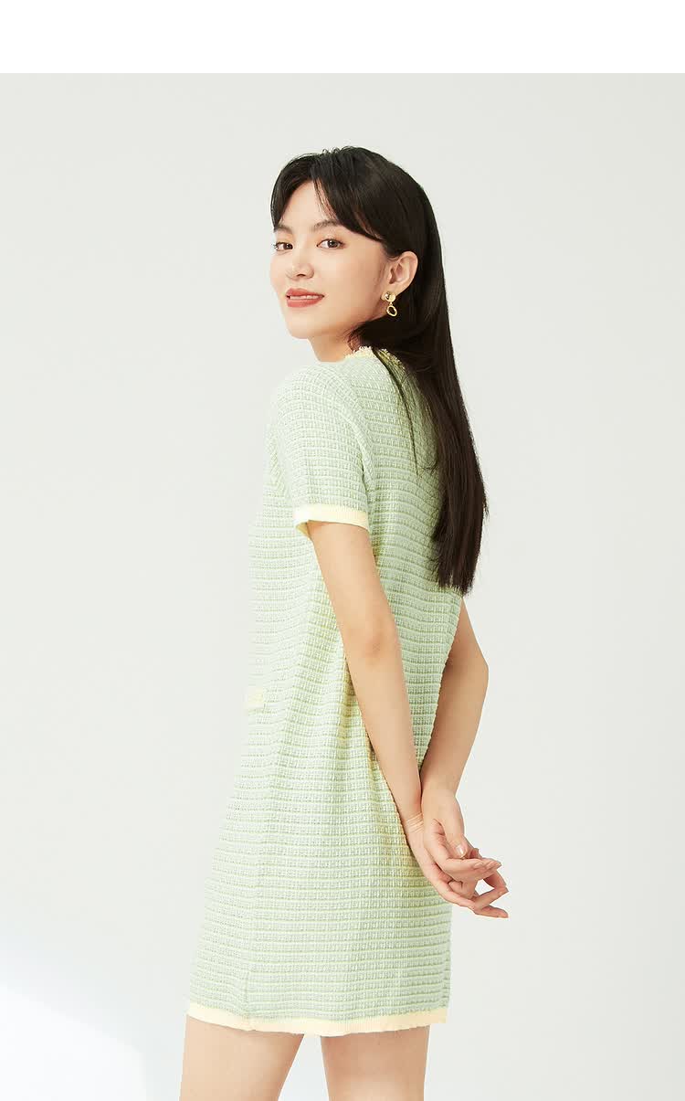 伊芙丽连衣裙2021新款夏装法式圆领小香风设计感拼色小众针织裙子