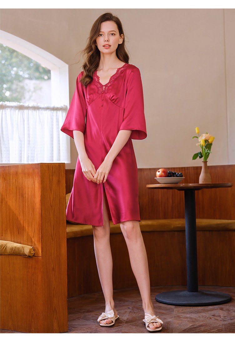 美标七分袖真丝睡裙女夏19姆米重磅桑蚕丝睡衣丝绸本命年红蕾丝家居服
