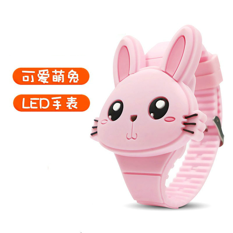 儿童手表小兔子小学生电子表女孩玩具表学生可爱卡通翻盖led表 长耳萌