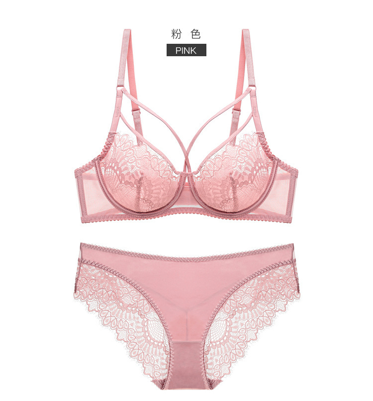 套装蕾丝超薄大码文胸胖mm无海绵透明大胸显小女内衣套装欧美粉色70a