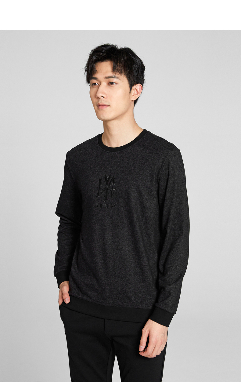 利郎男装卫衣男修身版刺绣烫钻2021秋季新款长袖t恤 黑色混深灰(20qtx