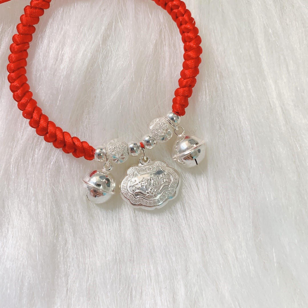 斯涟银饰长命锁手链女银中国风红绳铃铛编织子手链黑绳大人款