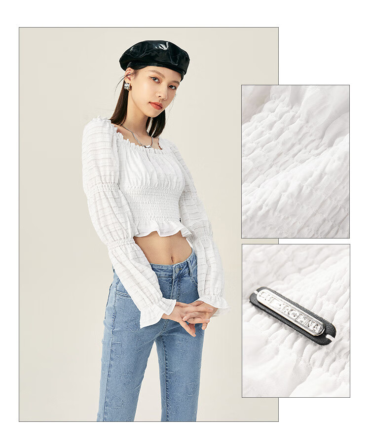 太平鸟superchina藕节袖衬衫上衣女2021夏季新款露肩长袖雪纺衫白色s