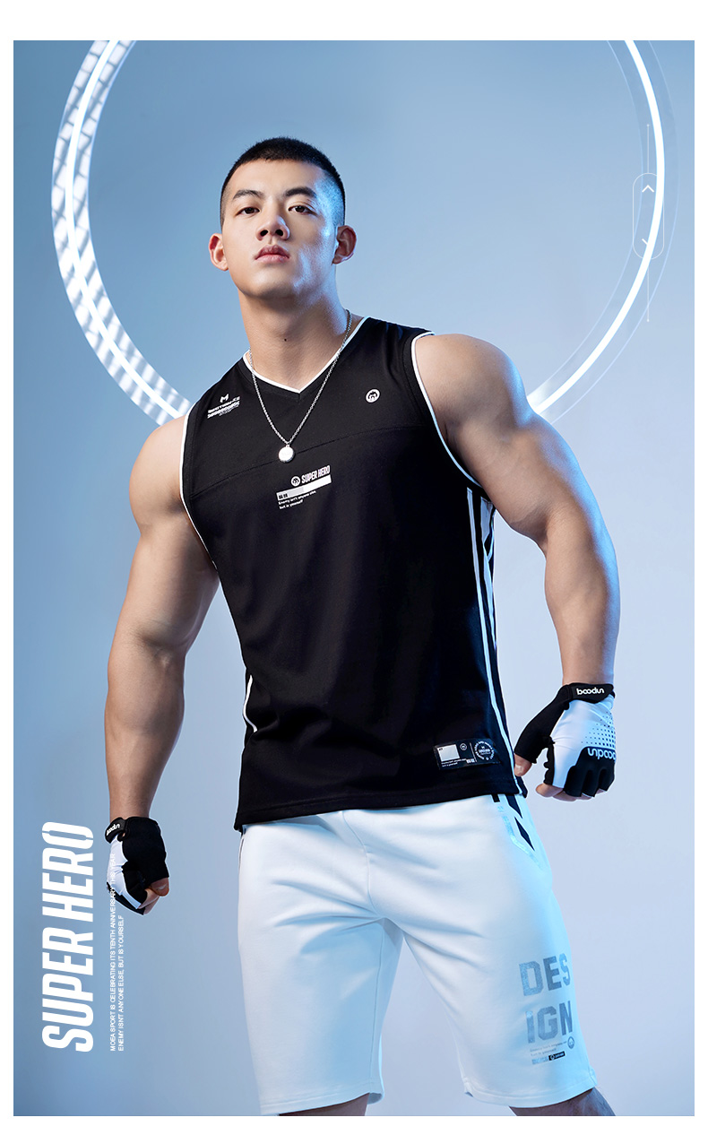 墨立方v领撞色运动背心男士肌肉型训练坎肩篮球服运动上衣健身白色185