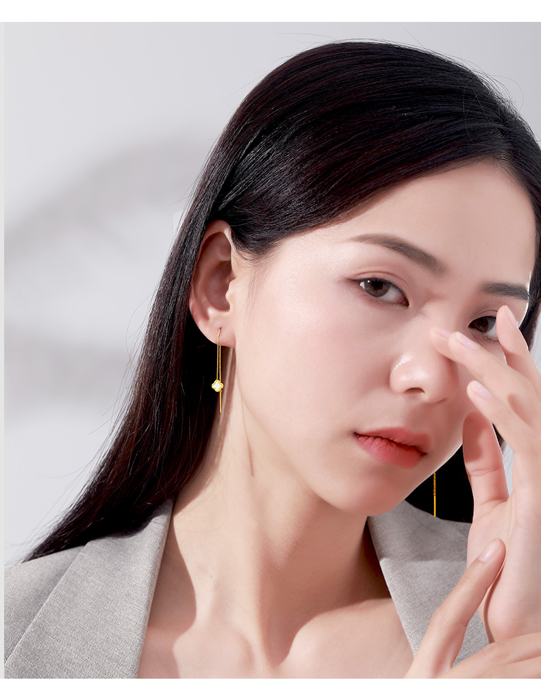 老凤祥风格黄金四叶草耳线耳环女流苏长款999足金耳坠2