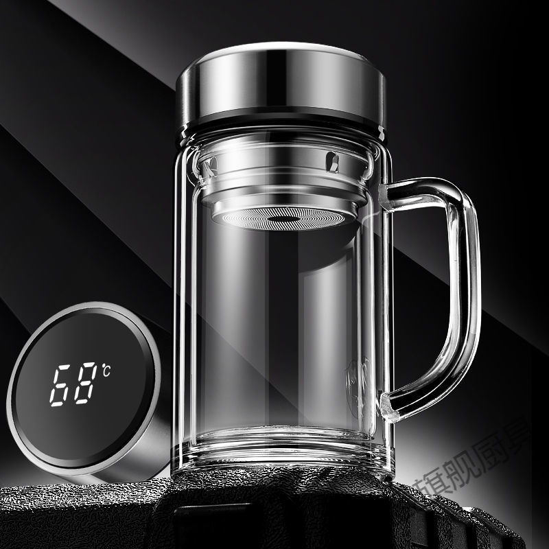 老板杯三樱双层玻璃杯隔热带把公泡茶杯水杯男带盖透明杯子定制 碳塑