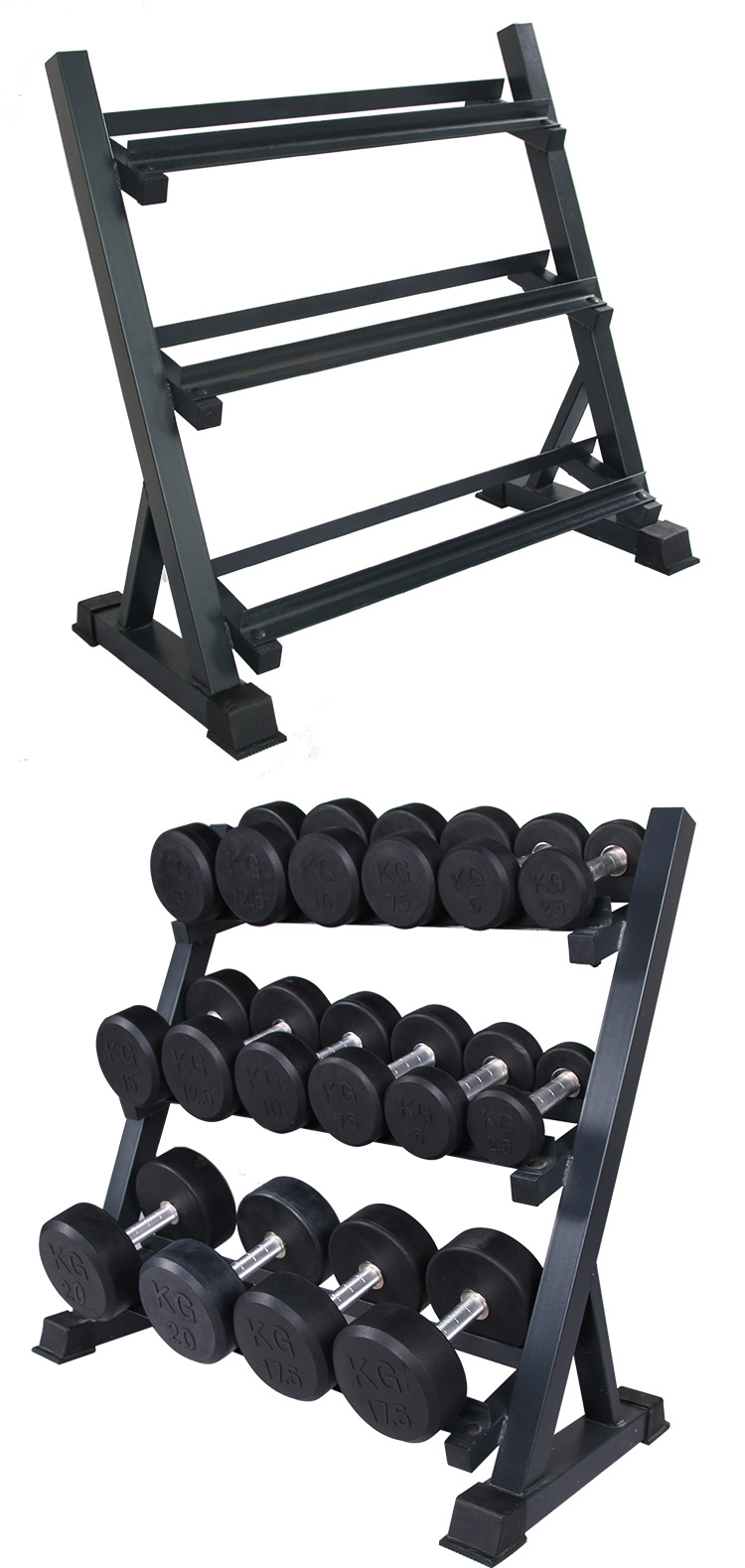 炫固三层双层哑铃架健身器材收纳架杠铃杆杠铃片收纳架包胶15kg包胶