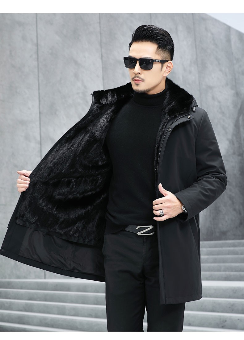巴宝朗派克服男水貂内胆皮草大衣男士尼克服中长款皮毛一体男装外套冬