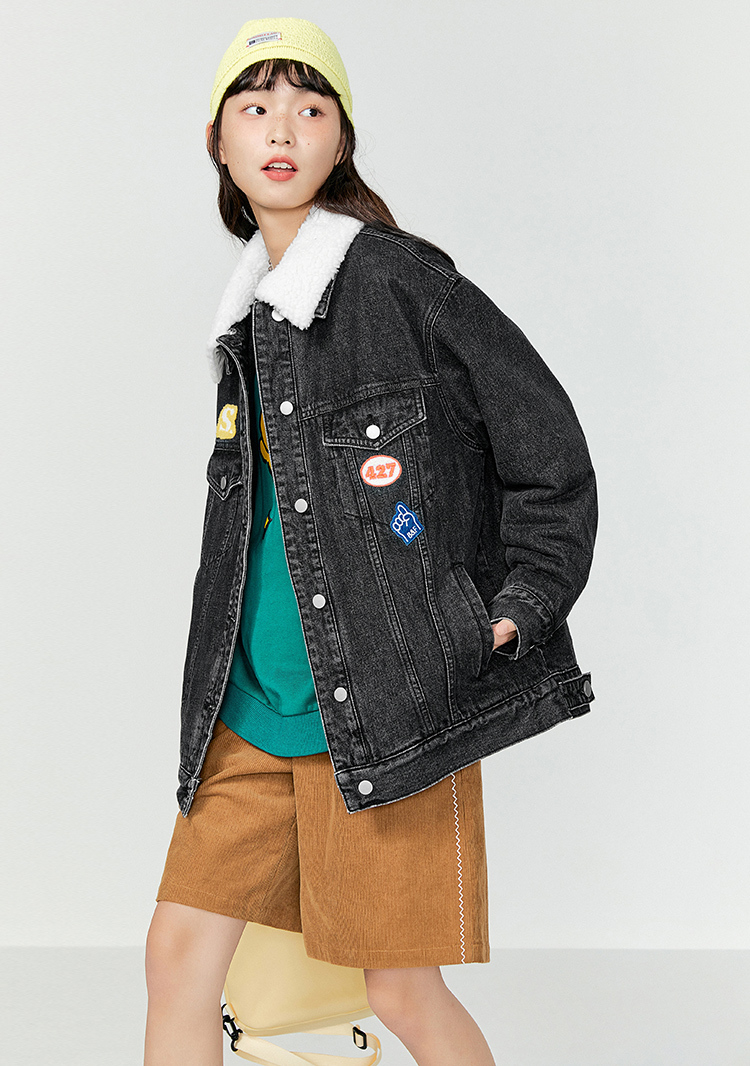 linefriends乐町绣花牛仔外套2021秋冬新款夹棉女装设计感黑色现货m
