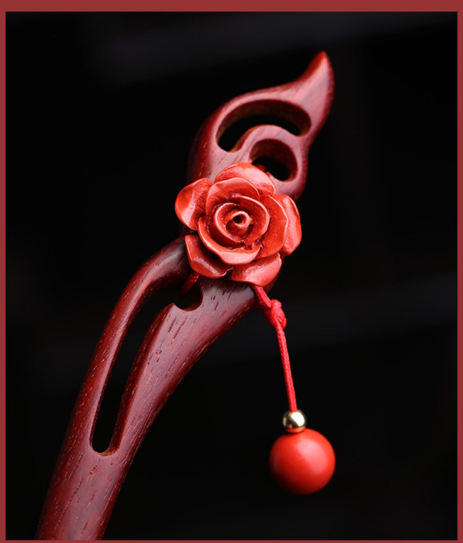 小叶紫檀发簪女复古盘头发簪子朱砂花朵红木头饰紫檀发簪