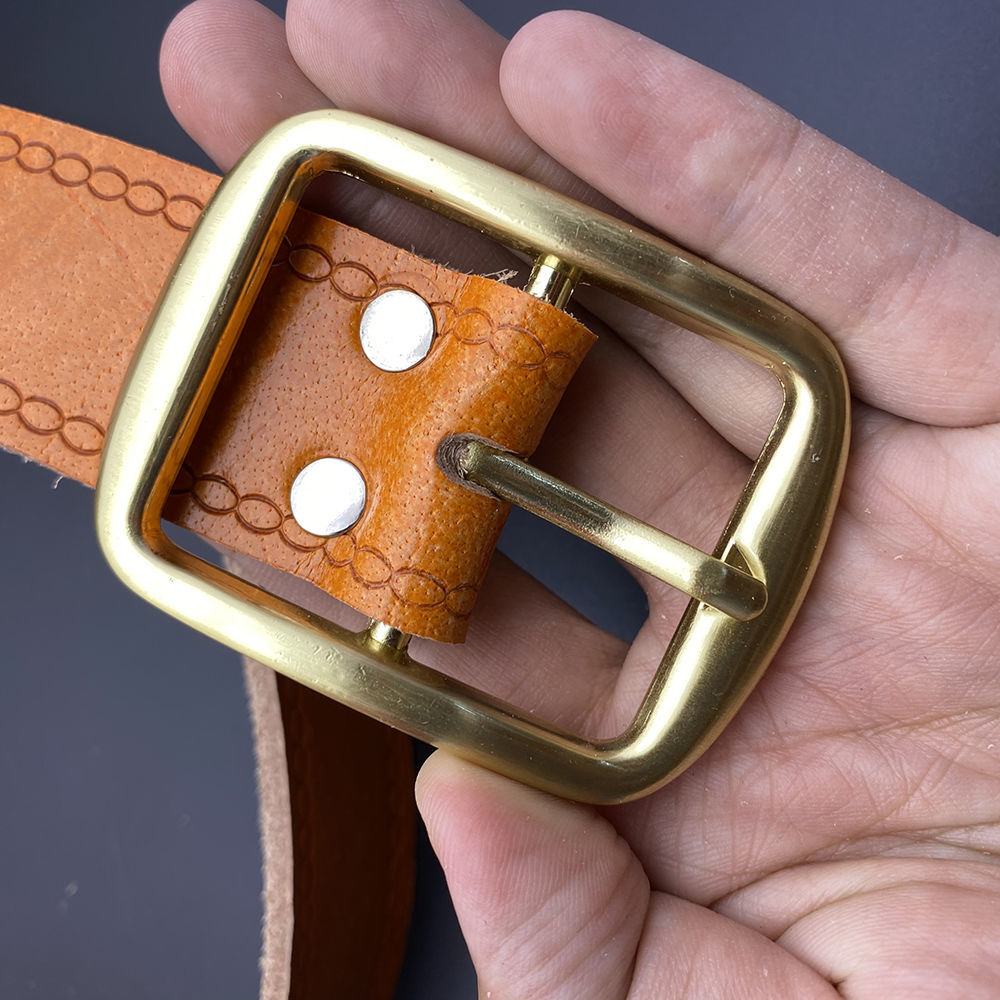 铜头金色日字头整张皮头层牛皮腰带老式纯牛皮电工皮带劳保裤带男 3.