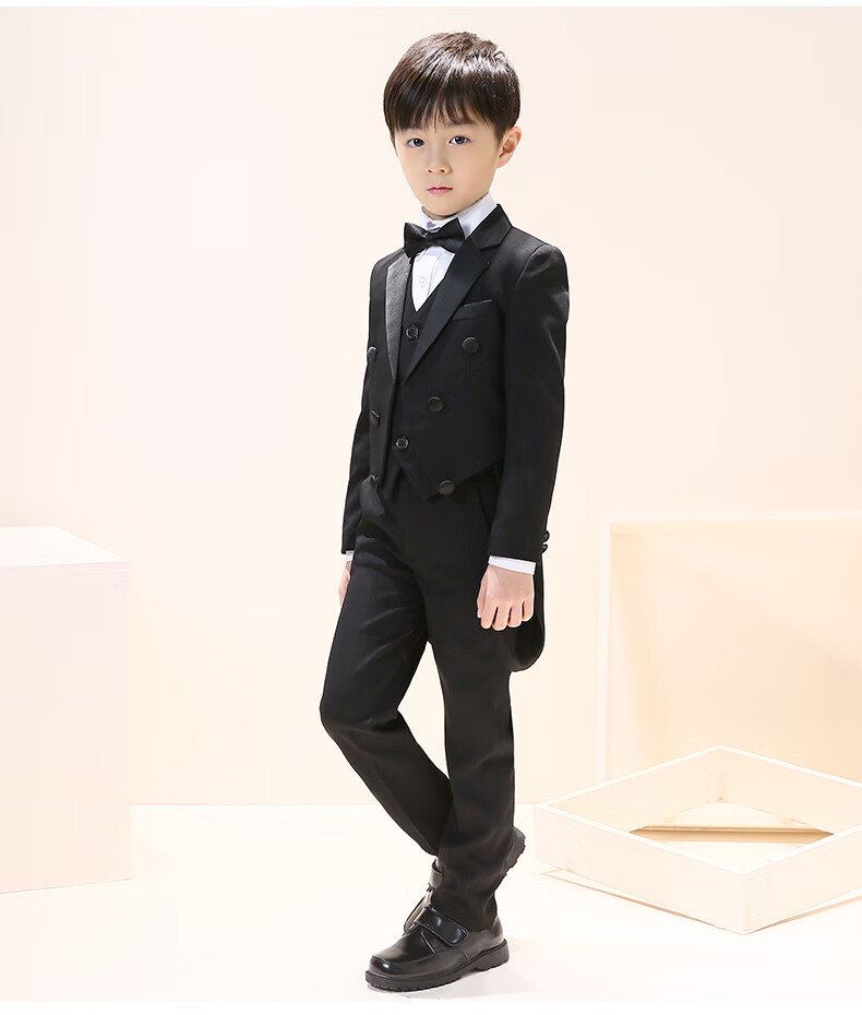 人花童婚礼钢琴演出服男孩西装套装小孩子穿的衣服 黑色燕尾服6件套