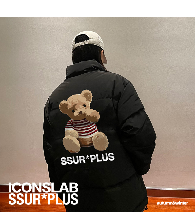 iconslab联名ssurplus小熊羽绒服秋冬新款男女保暖情侣加厚外套黑色xl
